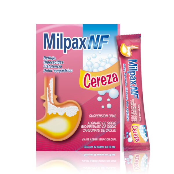 Milpax NF Cereza (Alginato de Sodio) Caja X 12 Sobres - Farma de Colombia